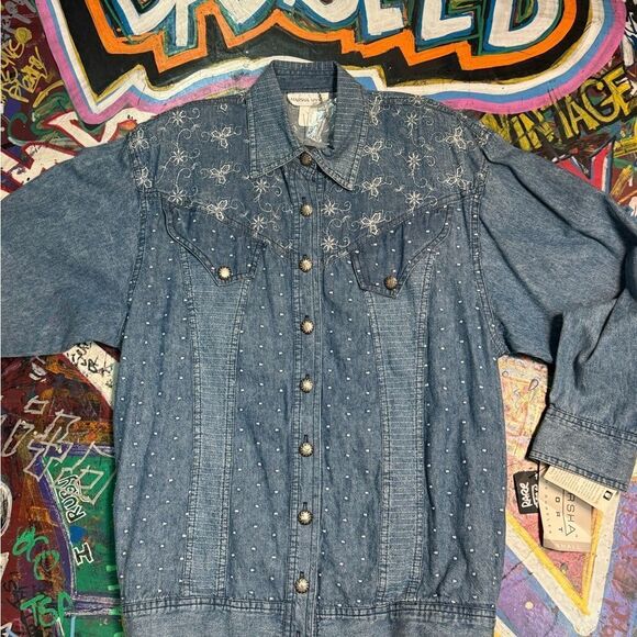 Vintage 80s Marsha Sport Embellished Denim Jacket w Shoulder Pads - Size Small - Picture 2 of 12